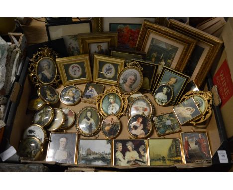 A quantity of decorative portrait miniatures and other pictures.