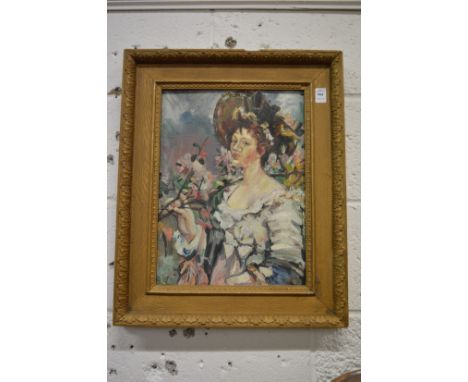 French impressionist school, portrait of a young lady wearing a hat and white dress, in a garden setting, oil on board.