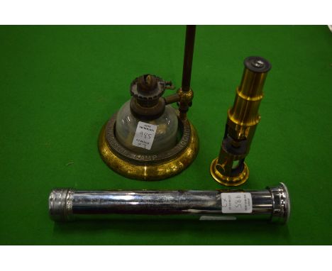 A Culpepper style brass microscope, a Collins microscope lamp and another item.