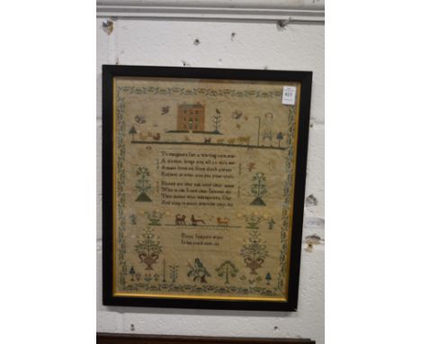 A good 19th century sampler with numerous figures, buildings, animals, birds and text, signed Eliza Sawyer's work in her tent