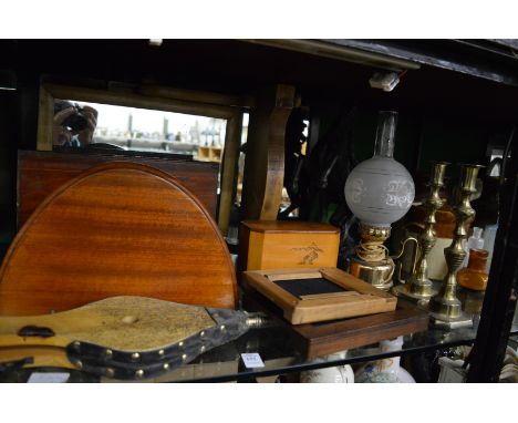 Miscelleaneous collectables to include mahogany clock brackets, pair of candlesticks etc.