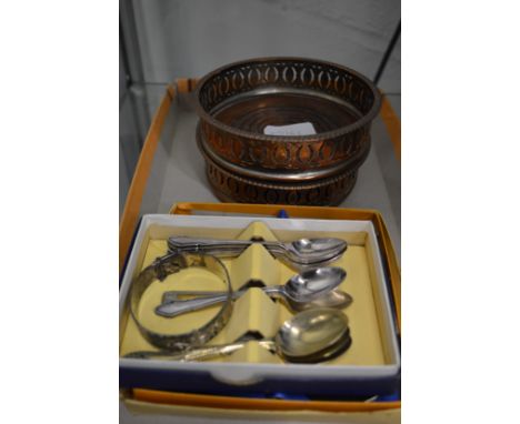 A silver bangle and various flatware to include a pair of coasters.