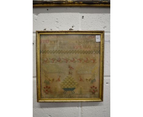 A 19th century alphabet and pictorial sampler dated 1866.