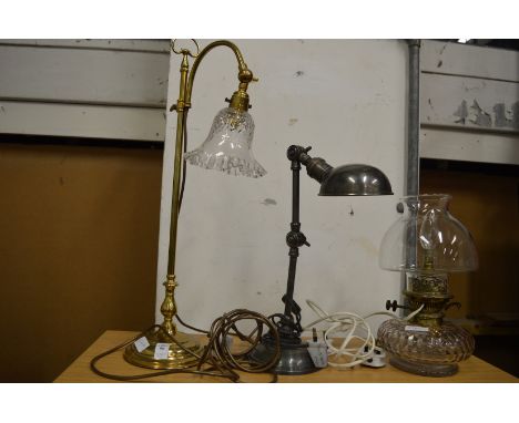 Two desk lamps and a cut glass lamp.