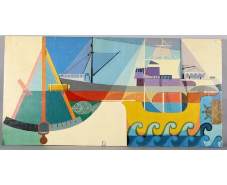 Edi Swan, abstract shipping study, oil on panel, 1973, 61cm x 122cm, unframed . Condition Report: Surface paint crazing and s