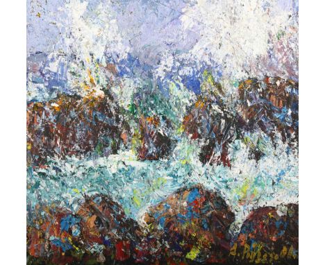 Abstract composition, impasto oil on panel, indistinctly signed, 53cm x 53cm, framed . Condition Report: Good condition