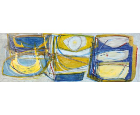 Contemporary abstract boat-shape composition, oil on board, unsigned, 40cm x 110cm, framed . Condition Report: Good condition