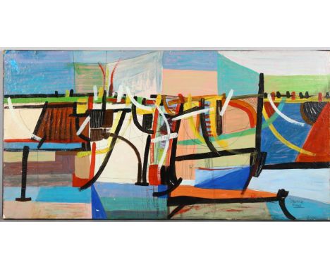 Contemporary abstract composition, oil on panel, unsigned, 43cm x 82cm, unframed . Condition Report: Several tiny paint chips