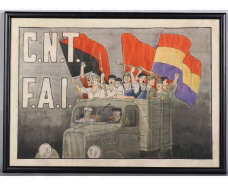 Spanish Civil War propaganda study, watercolour/ink on paper, image 25cm x 37cm, framed . Condition Report: Slight even paper