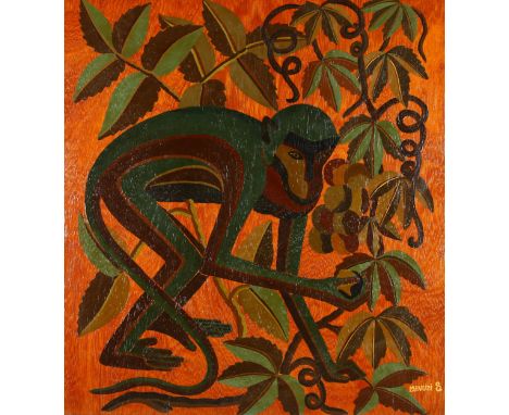 Art Deco style monkey study, oil on wood panel, signed Mavuzis, 74cm x 68cm, framed . Condition Report: Good condition