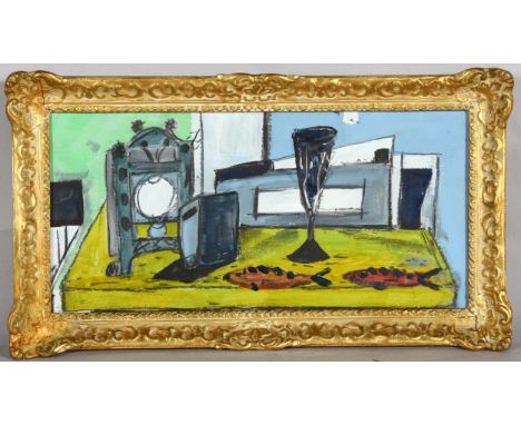 Contemporary British School, oil on board, abstract table-top composition, unsigned, 39cm x 19cm, framed . Condition Report: 