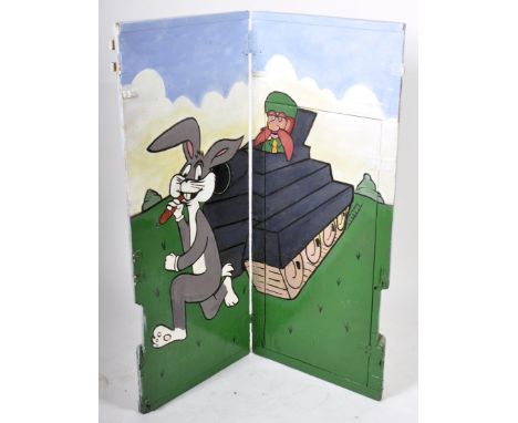 A retro vintage mid 20th Century fairground / funfair pay booth hinged double panel with hand painted scene of Looney Tunes B