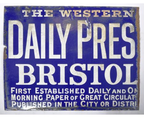 The Western Daily Press - Bristol - A vintage early 20th Century enamel advertising sign having white writing in deep blue gr