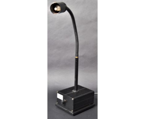 A late 20th Century 1990's gooseneck table / desk lamp light having barrel shade upon an adjustable arm. Weighted metal squar