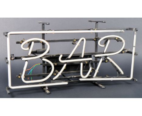 A 20th Century neon advertising light up sign reading 'Bar'. Non Power Drive unit to the back with all mounted up a black met