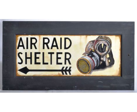 A contemporary oil on board artist's impression painting of a traditional enamel sign for Air Raid Shelter. The sign having b