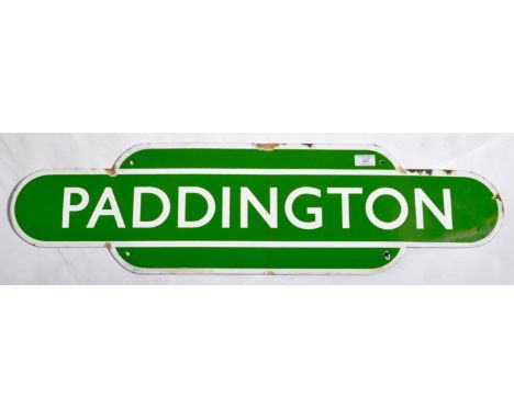 An late 20th Century reproduction enamel Railway Totem sign for Paddington Station. Green ground with white lettering and bor