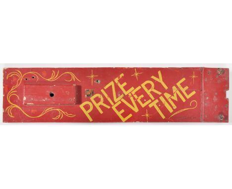 A retro vintage mid 20th Century fairground / funfair hand painted wooden sign having yellow lettering on red ground. The sig
