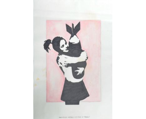 Robert Driessen - Art Forger - Banksy - An ink and watercolour on paper drawing / painting of Banksy's 'Bomb Hugger' graffiti