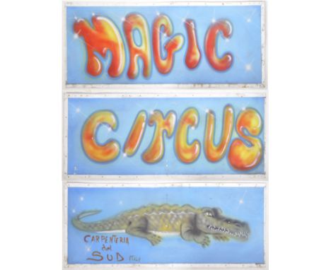 A collection of three retro vintage 20th Century painted aluminium fairground funfair carnival signage comprising an example 