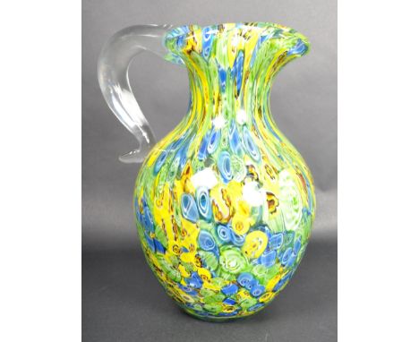 A large retro 20th Century Italian Murano Millefiori studio art glass ewer jug / water pitcher having a trefoil open top with