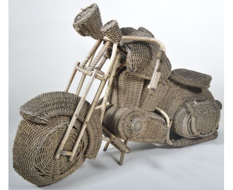 A large life size retro 20th Century 1960's bamboo, rattan and wicker Harley Davidson&nbsp;motorcycle&nbsp;bike model display