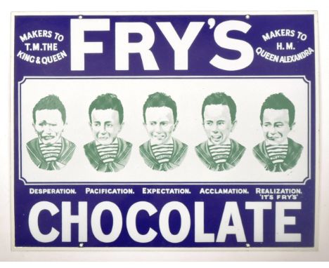 Fry's Chocolate - Five Boys - A 1980s / 90s enamel advertising sign having white writing on blue ground with a central panel 