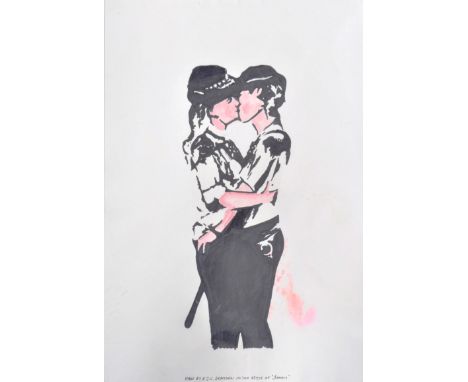 Robert Driessen - Art Forger - Banksy - An ink, watercolour and acrylic on paper drawing / painting of Banksy's 'Kissing Copp