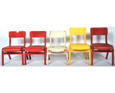 A selection of five retro vintage mid 20th Century painted school bentwood chairs having curved back and seat rests raised on