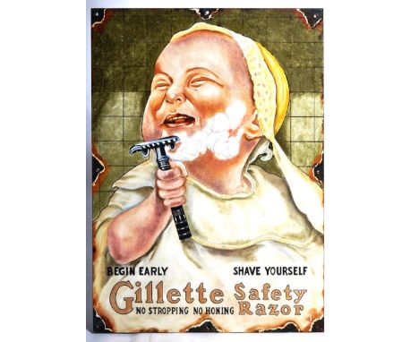 Gillette - A contemporary oil on board artist's impression painting of a traditional advertising enamel sign. The sign featur