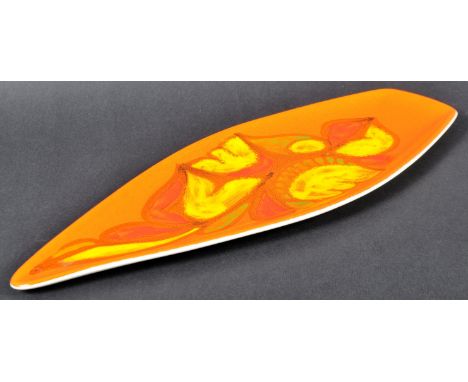 Poole Pottery - Delphis Range - A retro mid 20th Century ceramic studio art pottery spear shaped plate / dish having orange g