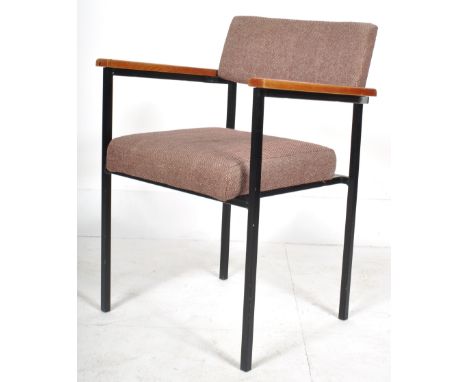 A vintage late 20th Century&nbsp;office desk chair / armchair having a shaped padded back and seat rest with grey wool uphols