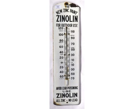 Zinolin - An early 20th Century white and black enamel outdoor advertising point of sale thermometer for the new zinc paint "