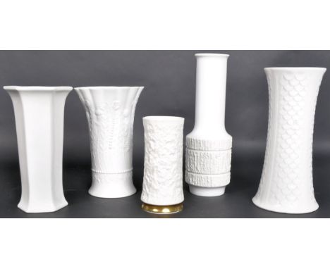 A collection of mid 20th Century German white porcelain vases to include West German Kaiser floral decorated fluted vase, KPM