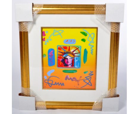 Peter Max (b.1937) - Liberty Head II Collage (1997) - a mixed media with acrylic painting on board having a central Statue Of
