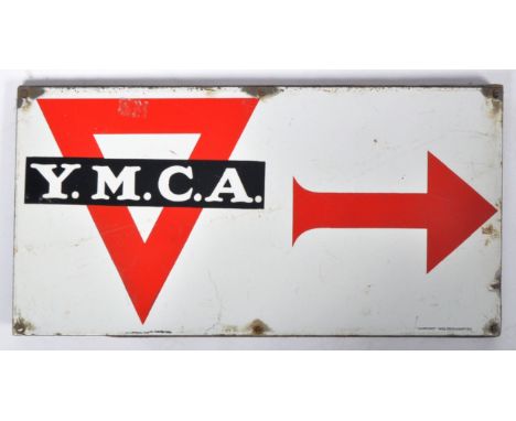 YMCA - A retro vintage mid 20th Century porcelain enamel advertising sign for YMCA with a red arrow pointing right. Mounted u