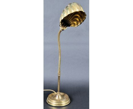 A vintage early 20th Century Art Deco articulated brass gooseneck table / desk lamp light having a decorative brassed copper 