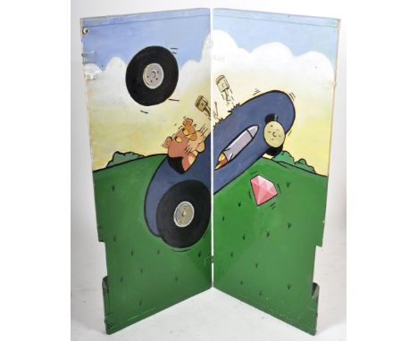 A retro vintage mid 20th Century fairground / funfair paybooth hinged double panel with hand painted scene of Pink Panther dr