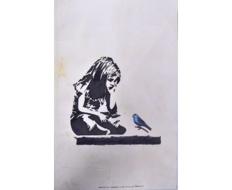 Robert Driessen - Art Forger - Banksy - An ink on paper drawing / painting of Banksy's 'Girl With A Blue Bird' graffiti stree