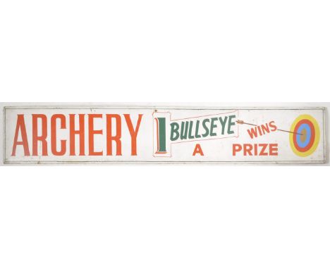 Archery - A vintage 20th Century fairground / funfair and painted sign of elongated rectangular form for archery. Red and gre