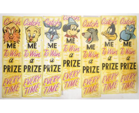 A collection of seven retro vintage mid 20th Century fairground funfair amusement painted signs reading Catch Me To Wine - Pr