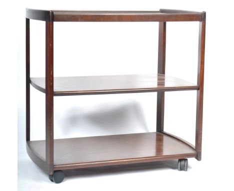 A retro vintage 20th Century 1980's stained teak three tier tea / cocktails drinks trolley having bowed ends with clear glass