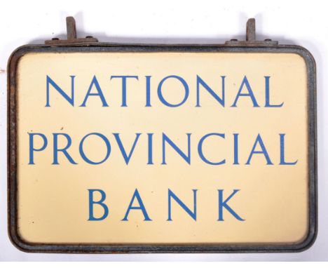 National Provincial Bank - A retro mid 20th Century double sided enamel sign having light blue writing on cream ground. Set w