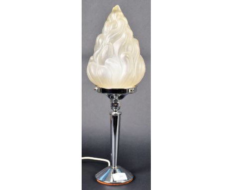 A vintage 20th Century Art Deco chrome table lamp light&nbsp;having a torch flame glass shade atop the chrome tapering stem. 
