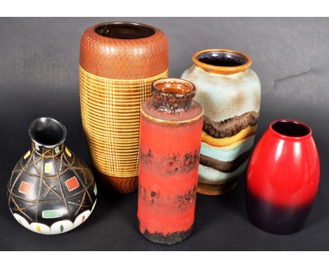 A collection of retro vintage 20th Century German pottery vases of varying designs to include Scheurich red glazed vase model