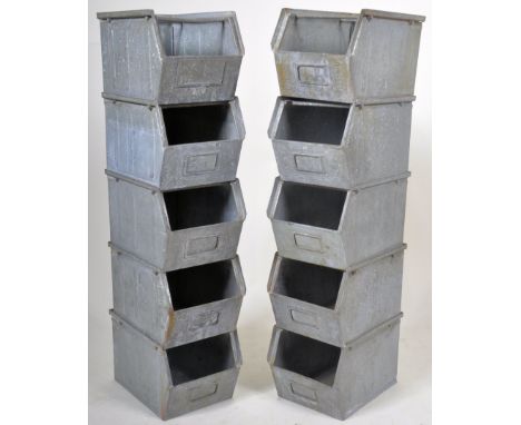 A stack of ten vintage 20th Century galvanised metal stacking space saver storage trays / boxes with each having notation sli