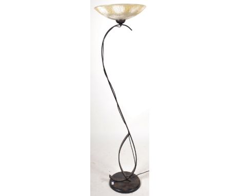 A retro 20th Century 1970's Italian wrought iron designer standard lamp light having a thick frosted glass shade with greek k
