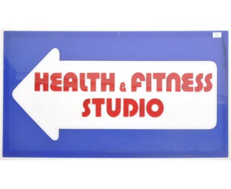 A late 20th Century acrylic formed advertising sign for Health &amp; Fitness Studio. Red applied lettering on a white arrow u