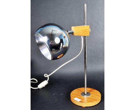 Temde - A retro 1970's Swiss chrome and oak ply desk / table lamp light having single stem with rise and fall adjustable moun