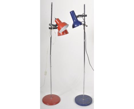 Two retro vintage 20th Century floor standing lamps comprising a blue enamel coated example on tubular column over circular b